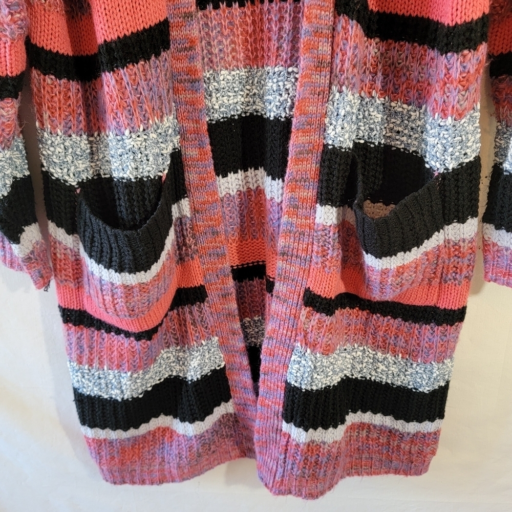 Women's Multicolored Striped Open Front Duster Cardigan L Boho Minimalist Pocket - Picture 4 of 11